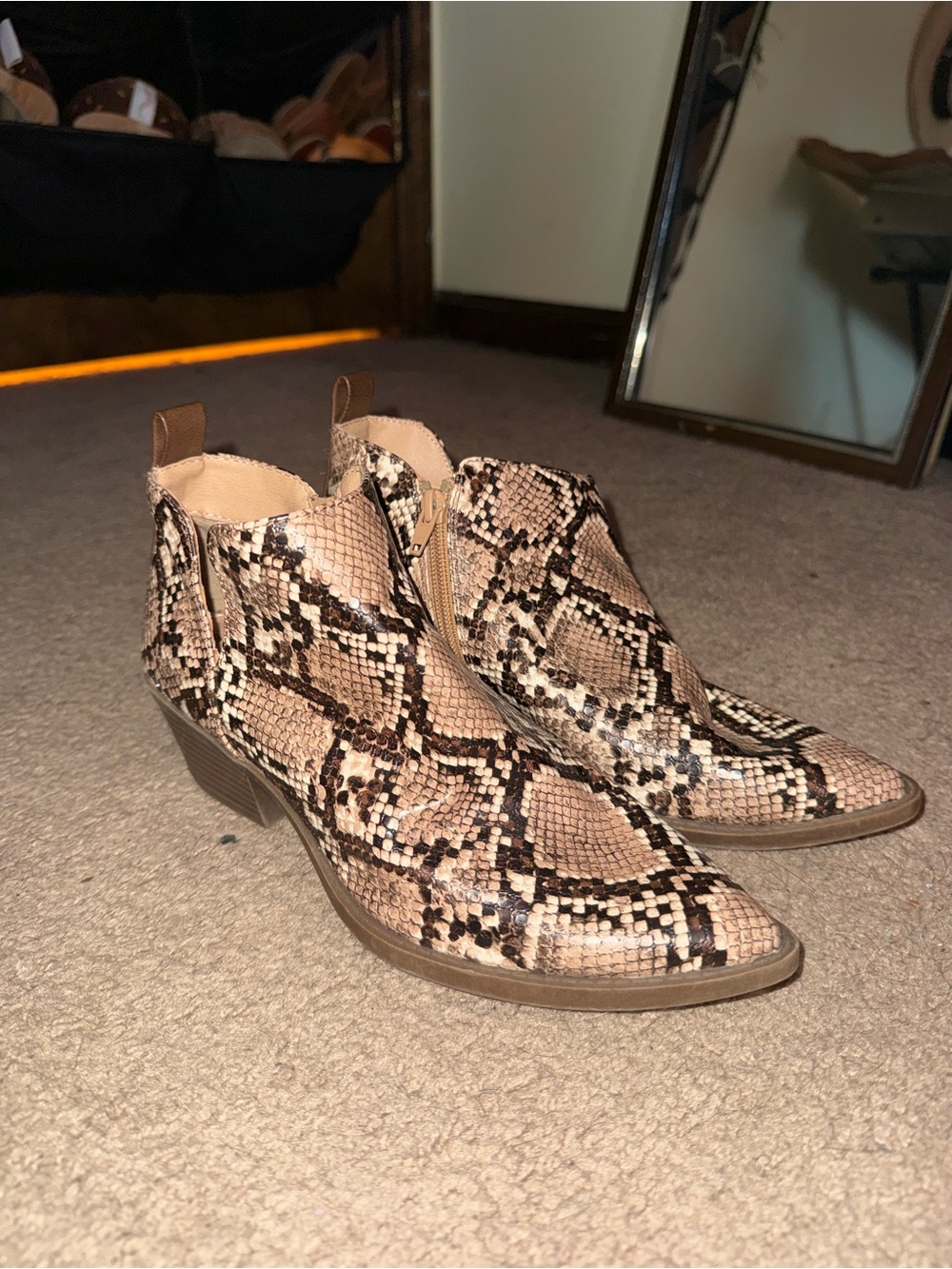 Women's Snake-Print Ankle Boots in Neutral Tan